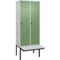 C+P Spind Classic PLUS, Bank, 2 Abteile, 2120x800x815mm, 7035/6011 Verschluss Sicherheits-Drehriegel 4 Garderobenhaken  Dekor Banklatten RAL 7035 Lichtgrau Sitzbanktyp auskragend von C + P Möbelsysteme
