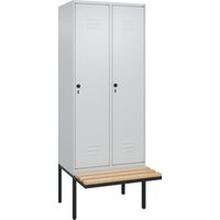 C+P Spind Classic PLUS, Bank, 2 Abteile, 2120x800x815mm, 7035/7035 Verschluss Sicherheits-Drehriegel 4 Garderobenhaken Trennwand mittig  Sitzbanktyp auskragend von C + P Möbelsysteme