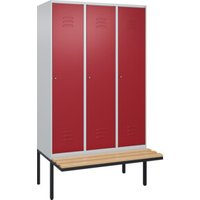 C+P Spind Classic PLUS, Bank, 3 Abteile, 2120x1200x815mm, 7035/3003 Verschluss Zylinderschloss 4 Garderobenhaken Trennwand mittig  Sitzbanktyp auskragend von C + P Möbelsysteme