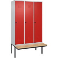 C+P Spind Classic PLUS, Bank, 3 Abteile, 2120x1200x815mm, 7035/3020 Verschluss Sicherheits-Drehriegel 4 Garderobenhaken   Sitzbanktyp auskragend von C + P Möbelsysteme