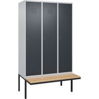 C+P Spind Classic PLUS, Bank, 3 Abteile, 2120x1200x815mm, 7035/7016 Verschluss Zylinderschloss 4 Garderobenhaken Trennwand mittig  Sitzbanktyp auskragend von C + P Möbelsysteme