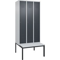 C+P Spind Classic PLUS, Bank, 3 Abteile, 2120x900x815mm, 7035/7016 Verschluss Zylinderschloss 3 Garderobenhaken  Dekor Banklatten RAL 7035 Lichtgrau Sitzbanktyp untergebaut von C + P Möbelsysteme
