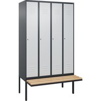 C+P Spind Classic PLUS, Bank, 4 Abteile, 2120x1200x815mm, 7016/7035 Verschluss Zylinderschloss 4 Garderobenhaken Trennwand mittig  Sitzbanktyp auskragend von C + P Möbelsysteme