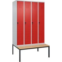 C+P Spind Classic PLUS, Bank, 4 Abteile, 2120x1200x815mm, 7035/3020 Verschluss Sicherheits-Drehriegel 4 Garderobenhaken Trennwand mittig  Sitzbanktyp untergebaut von C + P Möbelsysteme