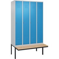 C+P Spind Classic PLUS, Bank, 4 Abteile, 2120x1200x815mm, 7035/5012 Verschluss Zylinderschloss 4 Garderobenhaken Trennwand mittig  Sitzbanktyp auskragend von C + P Möbelsysteme