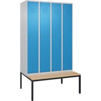 C+P Spind Classic PLUS, Bank, 4 Abteile, 2120x1200x815mm, 7035/5012 Verschluss Zylinderschloss 4 Garderobenhaken Trennwand mittig  Sitzbanktyp untergebaut von C + P Möbelsysteme