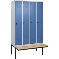 C+P Spind Classic PLUS, Bank, 4 Abteile, 2120x1200x815mm, 7035/5023 Verschluss Sicherheits-Drehriegel 3 Garderobenhaken   Sitzbanktyp auskragend von C + P Möbelsysteme