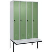 C+P Spind Classic PLUS, Bank, 4 Abteile, 2120x1200x815mm, 7035/6011 Verschluss Sicherheits-Drehriegel 3 Garderobenhaken  Dekor Banklatten RAL 7035 Lichtgrau Sitzbanktyp auskragend von C + P Möbelsysteme