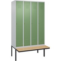 C+P Spind Classic PLUS, Bank, 4 Abteile, 2120x1200x815mm, 7035/6011 Verschluss Zylinderschloss 4 Garderobenhaken Trennwand mittig  Sitzbanktyp auskragend von C + P Möbelsysteme