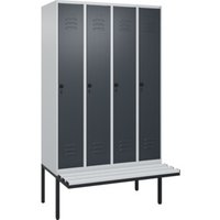 C+P Spind Classic PLUS, Bank, 4 Abteile, 2120x1200x815mm, 7035/7016 Verschluss Sicherheits-Drehriegel 4 Garderobenhaken Trennwand mittig Dekor Banklatten RAL 7035 Lichtgrau Sitzbanktyp auskragend von C + P Möbelsysteme