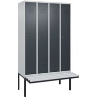 C+P Spind Classic PLUS, Bank, 4 Abteile, 2120x1200x815mm, 7035/7016 Verschluss Zylinderschloss 4 Garderobenhaken Trennwand mittig Dekor Banklatten RAL 7035 Lichtgrau Sitzbanktyp auskragend von C + P Möbelsysteme