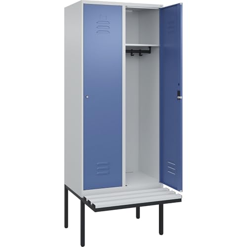 C + P Möbelsysteme C+P | Spind Classic Plus Sitzbank | 2 Abteile | lichtgrau/fernblau | B 800 mm | Zylinderschloss | auskragend | Kunststoff von C + P Möbelsysteme