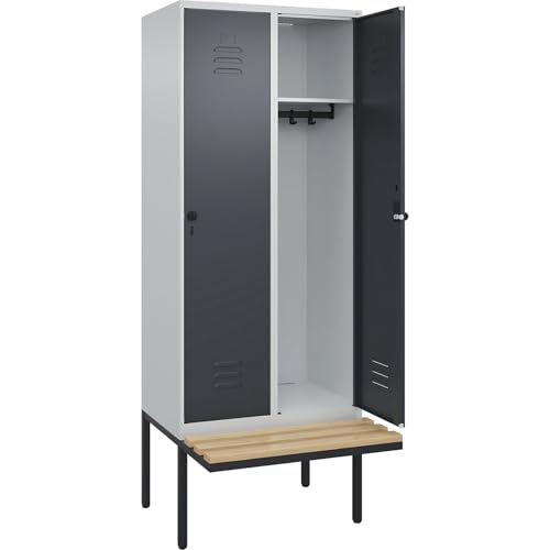 C + P Möbelsysteme C+P | Spind Classic Plus Sitzbank | 2 Abteile | lichtgrau/grau | B 800 mm | Sicherheits-Drehriegel | auskragend | Buche-Hartholz von C + P Möbelsysteme