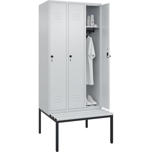 C + P Möbelsysteme C+P | Spind Classic Plus Sitzbank | 3 Abteile | lichtgrau | B 900 mm | Sicherheits-Drehriegel | untergebaut | Kunststoff von C + P Möbelsysteme