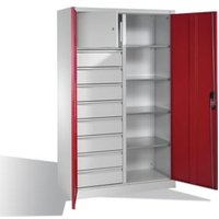 C+P Werkzeugschrank mit Drehtüren, 4 Böden, 8 Schübe, Wertfach, H1950xB1200xT500mm Front Rubinrot Korpus Lichtgrau von C + P Möbelsysteme