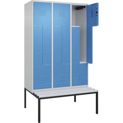 C + P Möbelsysteme C+P | Z-Spind Classic Plus Sitzbank | 3 Abteile | lichtgrau/lichtblau | B 1200 mm | Zylinderschloss | untergebaut | Kunststoff von C + P Möbelsysteme
