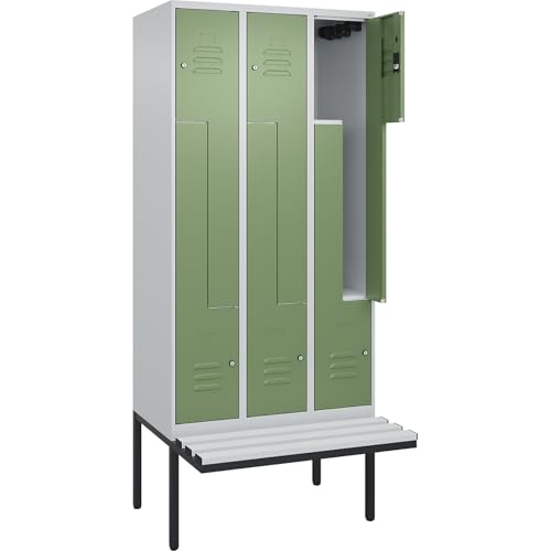 C + P Möbelsysteme C+P | Z-Spind Classic Plus Sitzbank | 3 Abteile | lichtgrau/resedagrün | B 900 mm | Zylinderschloss | auskragend | Kunststoff von C + P Möbelsysteme