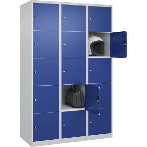 C + P Möbelsysteme C+P | 5er-Schließfachschrank Classic Plus | 3 Abteile | lichtgrau/enzianblau | B 1200 mm | 15 Fächer | mit Bodengleitern von C + P Möbelsysteme