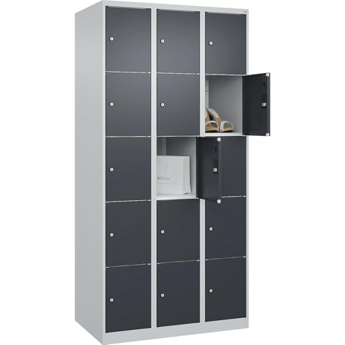 C + P Möbelsysteme C+P | 5er-Schließfachschrank Classic Plus | 3 Abteile | lichtgrau/grau | B 900 mm | 15 Fächer | mit Bodengleitern von C + P Möbelsysteme