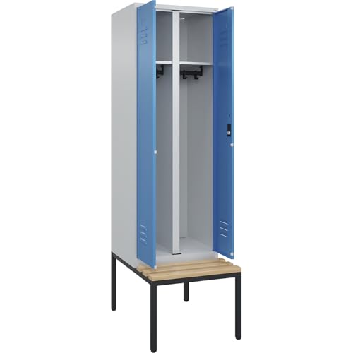 C + P Möbelsysteme C+P | Schwarz-Weiß-Spind Classic Plus Sitzbank | 1 Abteil | lichtgrau/lichtblau | B 600 mm | Zylinderschloss | untergebaut | Buche-Hartholz von C + P Möbelsysteme
