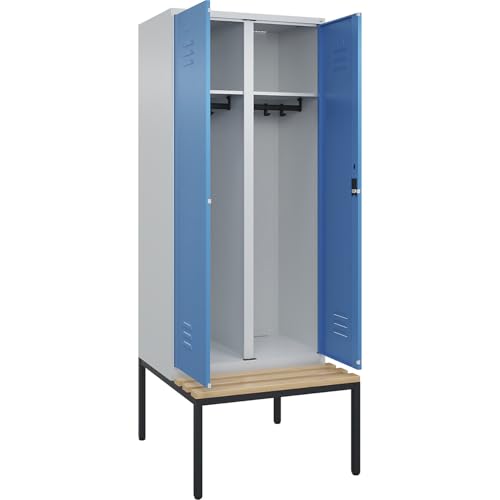 C + P Möbelsysteme C+P | Schwarz-Weiß-Spind Classic Plus Sitzbank | 1 Abteil | lichtgrau/lichtblau | B 800 mm | Zylinderschloss | untergebaut | Buche-Hartholz von C + P Möbelsysteme