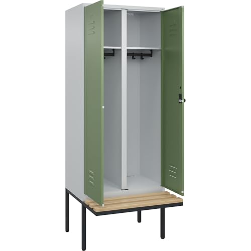 C + P Möbelsysteme C+P | Schwarz-Weiß-Spind Classic Plus Sitzbank | 1 Abteil | lichtgrau/resedagrün | B 800 mm | Sicherheits-Drehriegel | auskragend | Buche-Hartholz von C + P Möbelsysteme