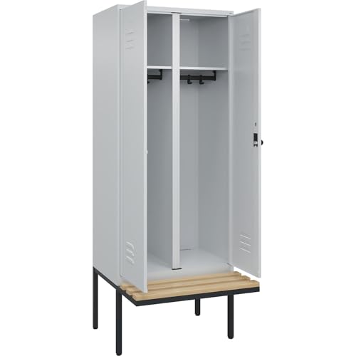 C + P Möbelsysteme C+P | Schwarz-Weiß-Spind Classic Plus Sitzbank | 1 Abteil | lichtgrau | B 800 mm | Sicherheits-Drehriegel | auskragend | Buche-Hartholz von C + P Möbelsysteme