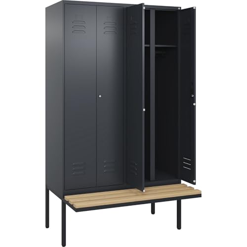 C + P Möbelsysteme C+P | Schwarz-Weiß-Spind Classic Plus Sitzbank | 2 Abteile | grau | B 1200 mm | Zylinderschloss | auskragend | Buche-Hartholz von C + P Möbelsysteme