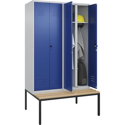 C + P Möbelsysteme C+P | Schwarz-Weiß-Spind Classic Plus Sitzbank | 2 Abteile | lichtgrau/enzianblau | B 1200 mm | Sicherheits-Drehriegel | untergebaut | Buche-Hartholz von C + P Möbelsysteme