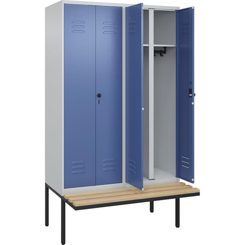 C + P Möbelsysteme C+P | Schwarz-Weiß-Spind Classic Plus Sitzbank | 2 Abteile | lichtgrau/fernblau | B 1200 mm | Sicherheits-Drehriegel | auskragend | Buche-Hartholz von C + P Möbelsysteme