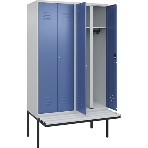C + P Möbelsysteme C+P | Schwarz-Weiß-Spind Classic Plus Sitzbank | 2 Abteile | lichtgrau/fernblau | B 1200 mm | Zylinderschloss | auskragend | Kunststoff von C + P Möbelsysteme