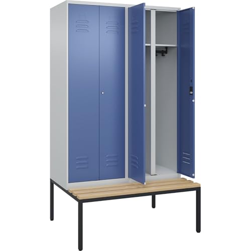 C + P Möbelsysteme C+P | Schwarz-Weiß-Spind Classic Plus Sitzbank | 2 Abteile | lichtgrau/fernblau | B 1200 mm | Zylinderschloss | untergebaut | Buche-Hartholz von C + P Möbelsysteme