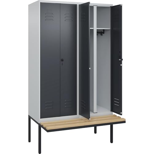C + P Möbelsysteme C+P | Schwarz-Weiß-Spind Classic Plus Sitzbank | 2 Abteile | lichtgrau/grau | B 1200 mm | Sicherheits-Drehriegel | auskragend | Buche-Hartholz von C + P Möbelsysteme