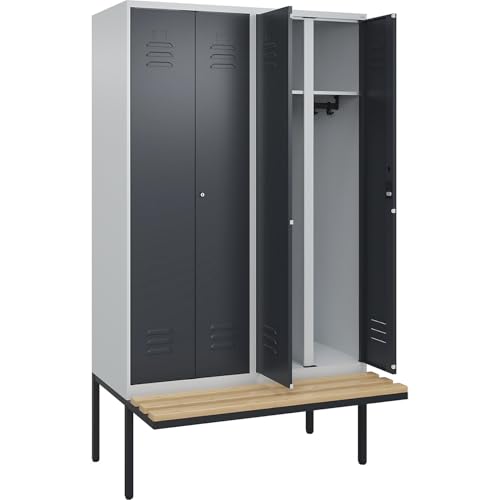 C + P Möbelsysteme C+P | Schwarz-Weiß-Spind Classic Plus Sitzbank | 2 Abteile | lichtgrau/grau | B 1200 mm | Zylinderschloss | auskragend | Buche-Hartholz von C + P Möbelsysteme