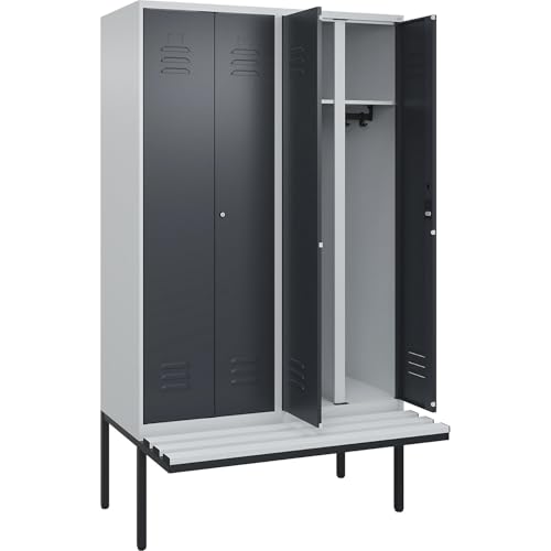 C + P Möbelsysteme C+P | Schwarz-Weiß-Spind Classic Plus Sitzbank | 2 Abteile | lichtgrau/grau | B 1200 mm | Zylinderschloss | auskragend | Kunststoff von C + P Möbelsysteme