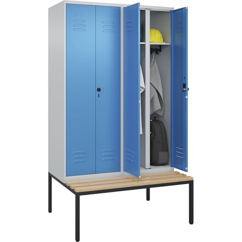 C + P Möbelsysteme C+P | Schwarz-Weiß-Spind Classic Plus Sitzbank | 2 Abteile | lichtgrau/lichtblau | B 1200 mm | Sicherheits-Drehriegel | untergebaut | Buche-Hartholz von C + P Möbelsysteme