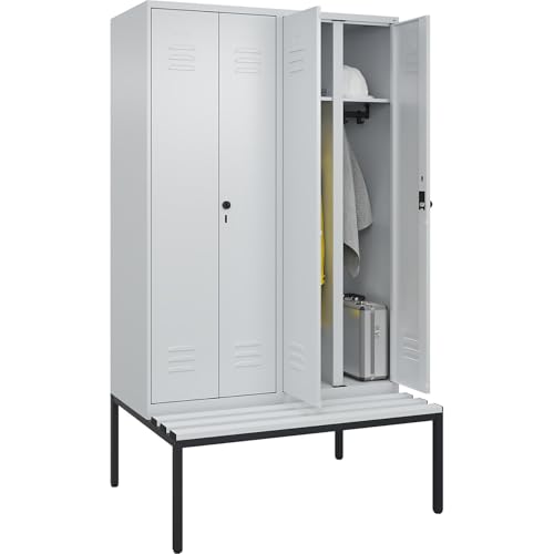 C + P Möbelsysteme C+P | Schwarz-Weiß-Spind Classic Plus Sitzbank | 2 Abteile | lichtgrau | B 1200 mm | Sicherheits-Drehriegel | untergebaut | Kunststoff von C + P Möbelsysteme