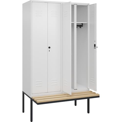 C + P Möbelsysteme C+P | Schwarz-Weiß-Spind Classic Plus Sitzbank | 2 Abteile | verkehrsweiß | B 1200 mm | Sicherheits-Drehriegel | auskragend | Buche-Hartholz von C + P Möbelsysteme