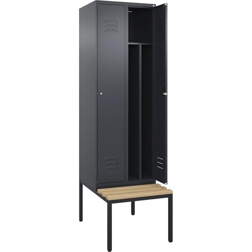 C + P Möbelsysteme C+P | Schwarz-Weiß-Spind Classic Plus Sitzbank | schmal | 2 Abteile | Trennwand verkürzt | grau | B 600 mm | Zylinderschloss | untergebaut | Buche-Hartholz von C + P Möbelsysteme