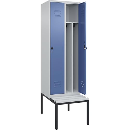 C + P Möbelsysteme C+P | Schwarz-Weiß-Spind Classic Plus Sitzbank | schmal | 2 Abteile | Trennwand verkürzt | lichtgrau/fernblau | B 600 mm | Sicherheits-Drehriegel | untergebaut | Kunststoff von C + P Möbelsysteme