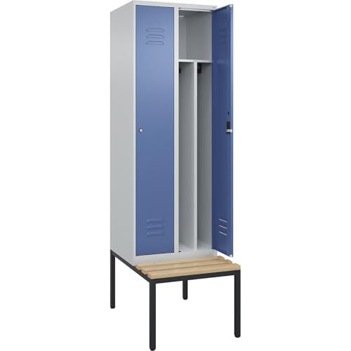 C + P Möbelsysteme C+P | Schwarz-Weiß-Spind Classic Plus Sitzbank | schmal | 2 Abteile | Trennwand verkürzt | lichtgrau/fernblau | B 600 mm | Zylinderschloss | untergebaut | Buche-Hartholz von C + P Möbelsysteme