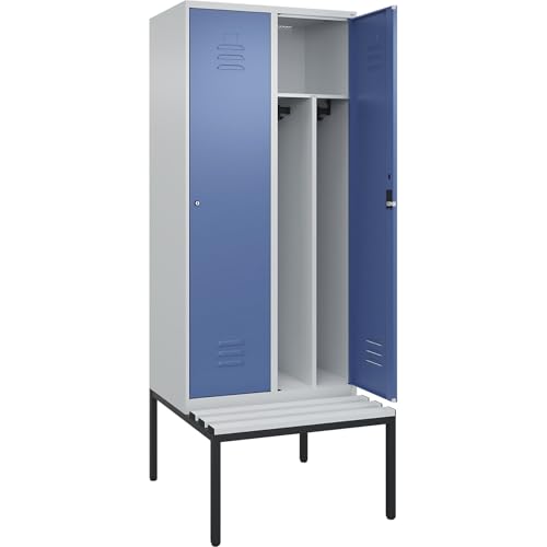 C + P Möbelsysteme C+P | Schwarz-Weiß-Spind Classic Plus Sitzbank | schmal | 2 Abteile | Trennwand verkürzt | lichtgrau/fernblau | B 800 mm | Zylinderschloss | untergebaut | Kunststoff von C + P Möbelsysteme