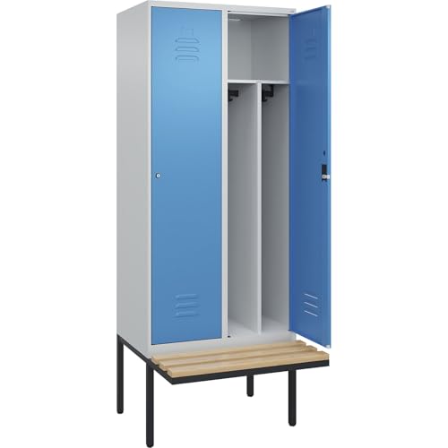C + P Möbelsysteme C+P | Schwarz-Weiß-Spind Classic Plus Sitzbank | schmal | 2 Abteile | Trennwand verkürzt | lichtgrau/lichtblau | B 800 mm | Zylinderschloss | auskragend | Buche-Hartholz von C + P Möbelsysteme
