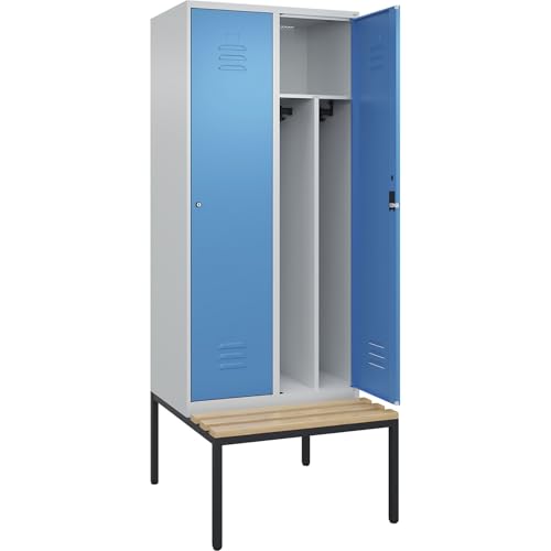 C + P Möbelsysteme C+P | Schwarz-Weiß-Spind Classic Plus Sitzbank | schmal | 2 Abteile | Trennwand verkürzt | lichtgrau/lichtblau | B 800 mm | Zylinderschloss | untergebaut | Buche-Hartholz von C + P Möbelsysteme