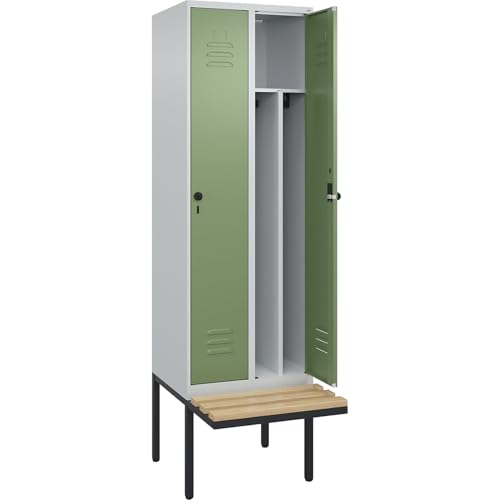 C + P Möbelsysteme C+P | Schwarz-Weiß-Spind Classic Plus Sitzbank | schmal | 2 Abteile | Trennwand verkürzt | lichtgrau/resedagrün | B 600 mm | Sicherheits-Drehriegel | auskragend | Buche-Hartholz von C + P Möbelsysteme