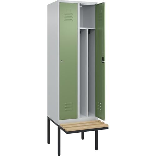 C + P Möbelsysteme C+P | Schwarz-Weiß-Spind Classic Plus Sitzbank | schmal | 2 Abteile | Trennwand verkürzt | lichtgrau/resedagrün | B 600 mm | Zylinderschloss | auskragend | Buche-Hartholz von C + P Möbelsysteme