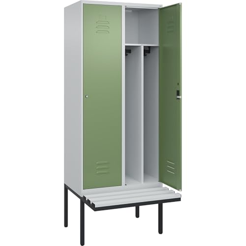 C + P Möbelsysteme C+P | Schwarz-Weiß-Spind Classic Plus Sitzbank | schmal | 2 Abteile | Trennwand verkürzt | lichtgrau/resedagrün | B 800 mm | Zylinderschloss | auskragend | Kunststoff von C + P Möbelsysteme