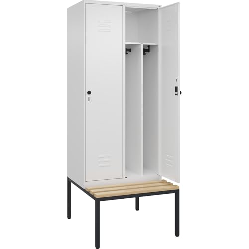 C + P Möbelsysteme C+P | Schwarz-Weiß-Spind Classic Plus Sitzbank | schmal | 2 Abteile | Trennwand verkürzt | verkehrsweiß | B 800 mm | Sicherheits-Drehriegel | untergebaut | Buche-Hartholz von C + P Möbelsysteme