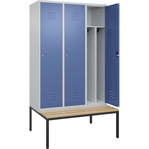C + P Möbelsysteme C+P | Schwarz-Weiß-Spind Classic Plus Sitzbank | schmal | 3 Abteile | Trennwand verkürzt | lichtgrau/fernblau | B 1200 mm | Zylinderschloss | untergebaut | Buche-Hartholz von C + P Möbelsysteme