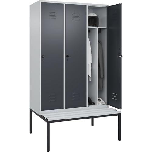 C + P Möbelsysteme C+P | Schwarz-Weiß-Spind Classic Plus Sitzbank | schmal | 3 Abteile | Trennwand verkürzt | lichtgrau/grau | B 1200 mm | Sicherheits-Drehriegel | untergebaut | Kunststoff von C + P Möbelsysteme